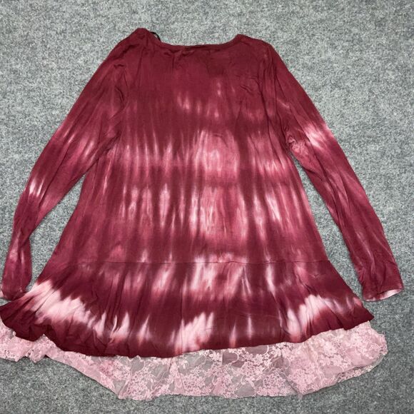 Janette Plus Blouse Womens 2XL Red Tie Dye Casual Tunic Lace Trim Flowy - Picture 2 of 7